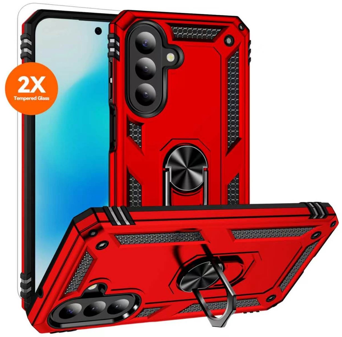 Hoesje Geschikt voor Samsung Galaxy A27 Hoesje – Rood Hybride Armor Anti-Shock Hoes met Draaibare Ringhouder – Inclusief 2x Screenprotector