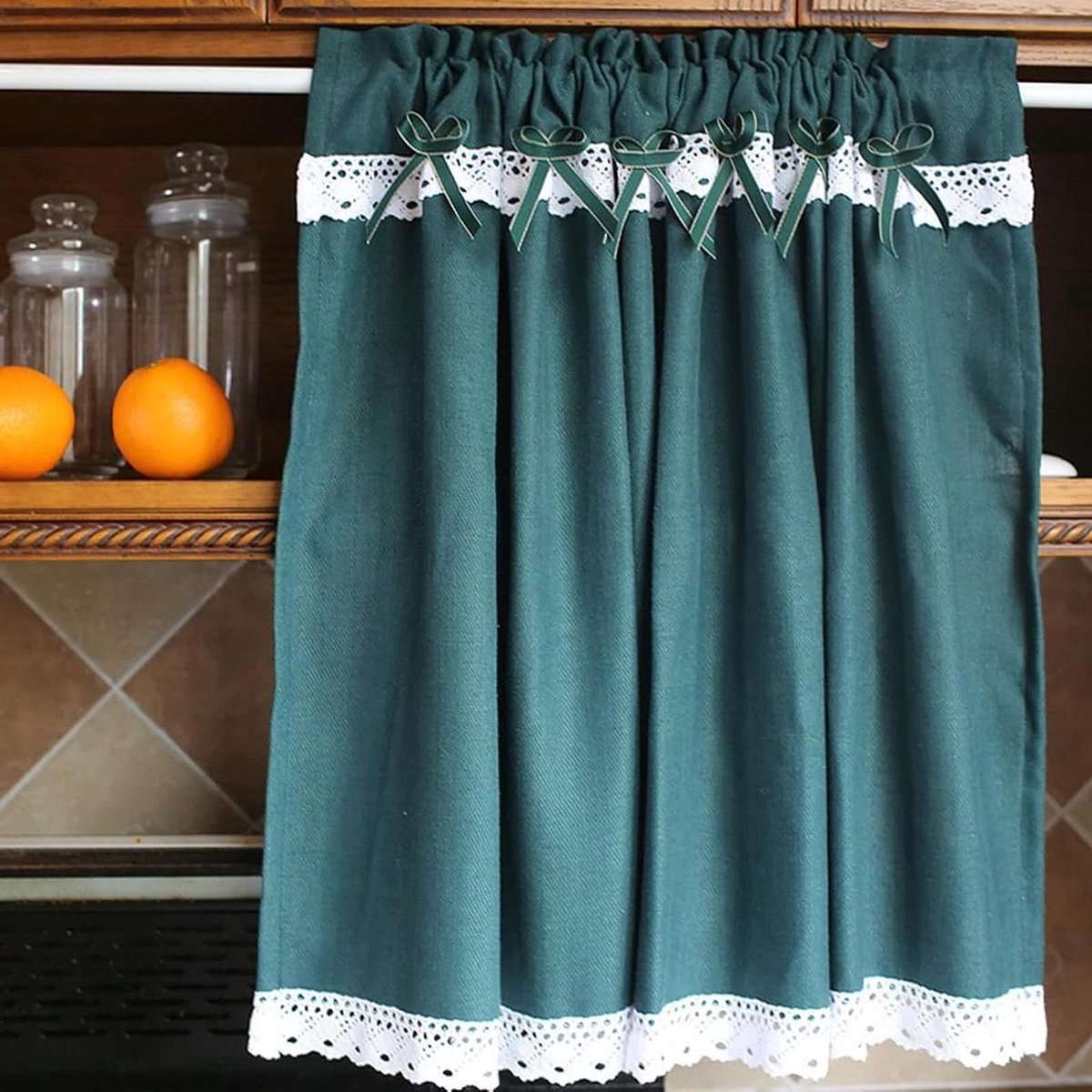 Korte keukengordijnen - Raambekleding Kant - Huisdecoratie - Landelijke Stijl - 270 x 60 cm - Lichtgroen