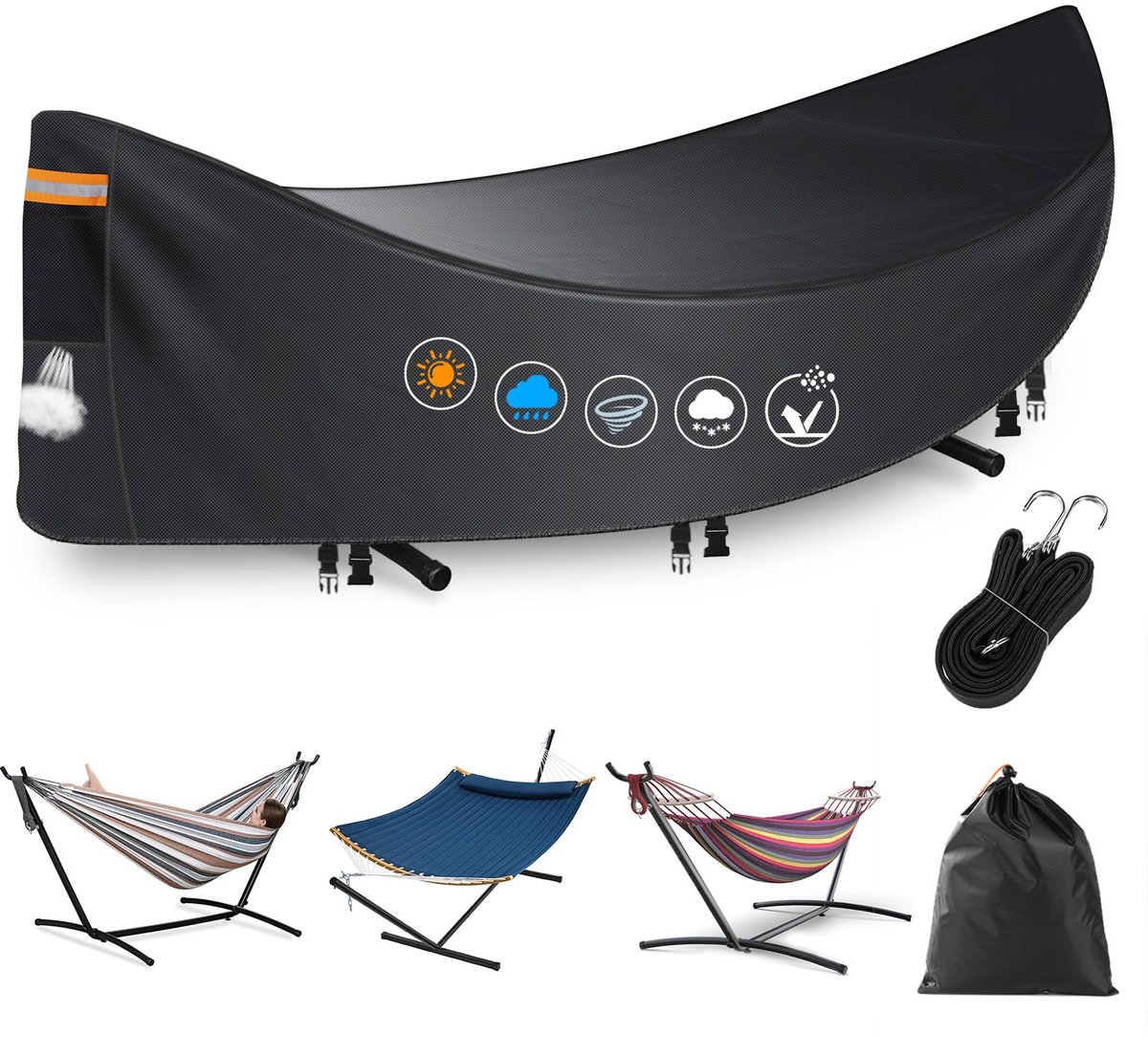 Omgoods- Hangmathoes waterdicht - Zwaar belastbare 420D stof - Ademend met ventilatieopening - Waterdichte strip - 3 winddichte gespen - UV-bestendig tot 85% - Hangmatbescherming