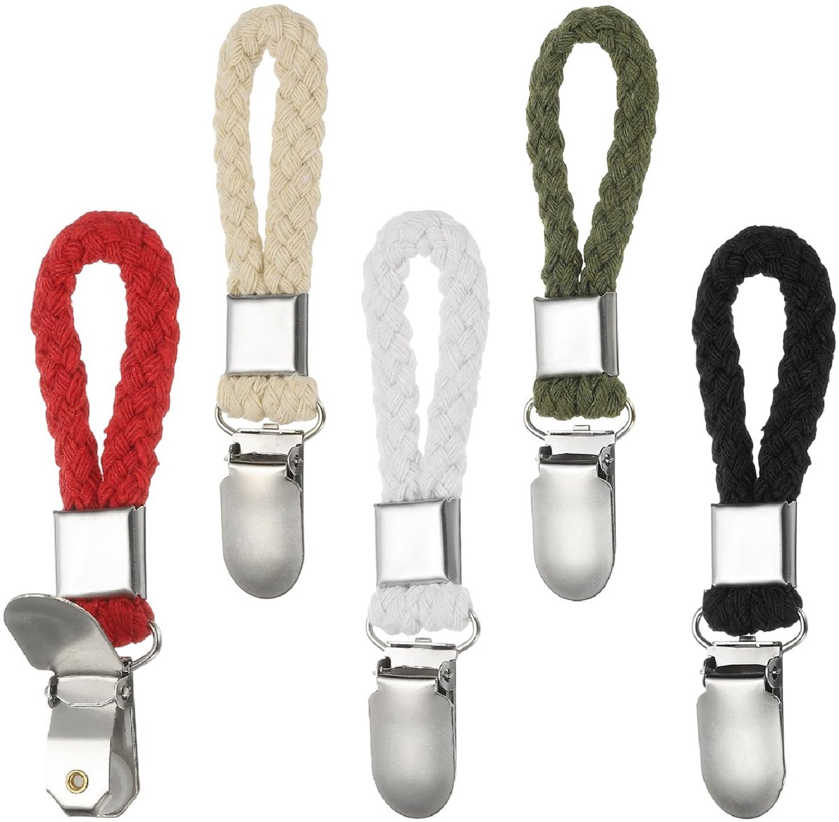 Omgoods - 5 Stuks Hangende Theedoekclips - Gevlochten Katoenen Lus met Zilveren Klem - Multikleur/Zilver