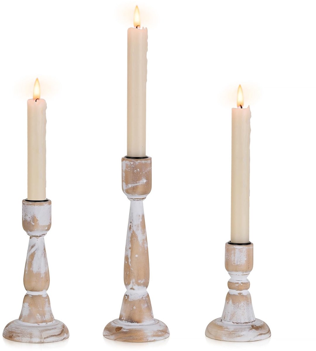 Omgoods - Set van 3 Houten Kandelaren voor Taperkaarsen