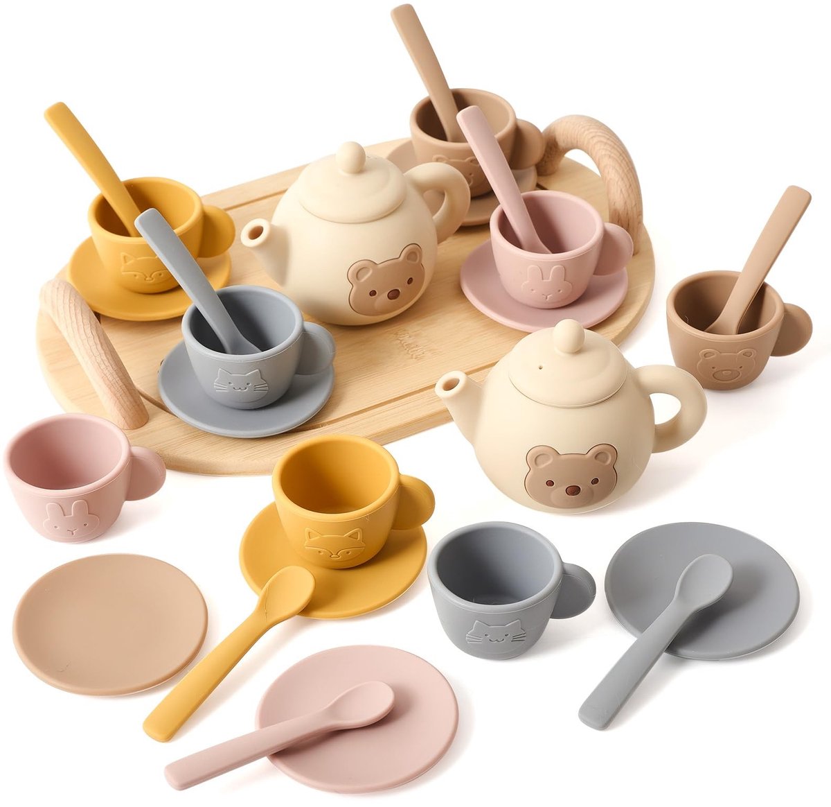 Omgoods - Kinder Theeset van Silicoon - 14 Delige Set met Houten Dienblad