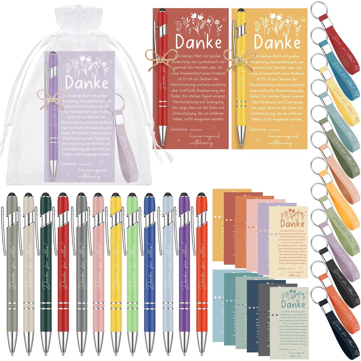 Omgoods - Set van 12 Bedankpennen met Sleutelhanger en Organza Geschenkzak