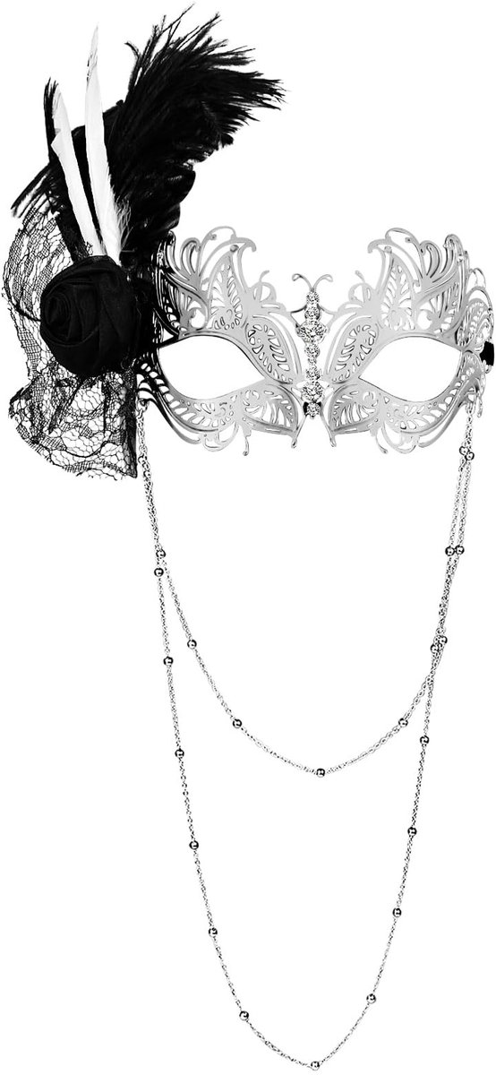 Omgoods - Zilveren Venetiaans Masker voor Dames met Veer en Strass voor Feest en Carnaval