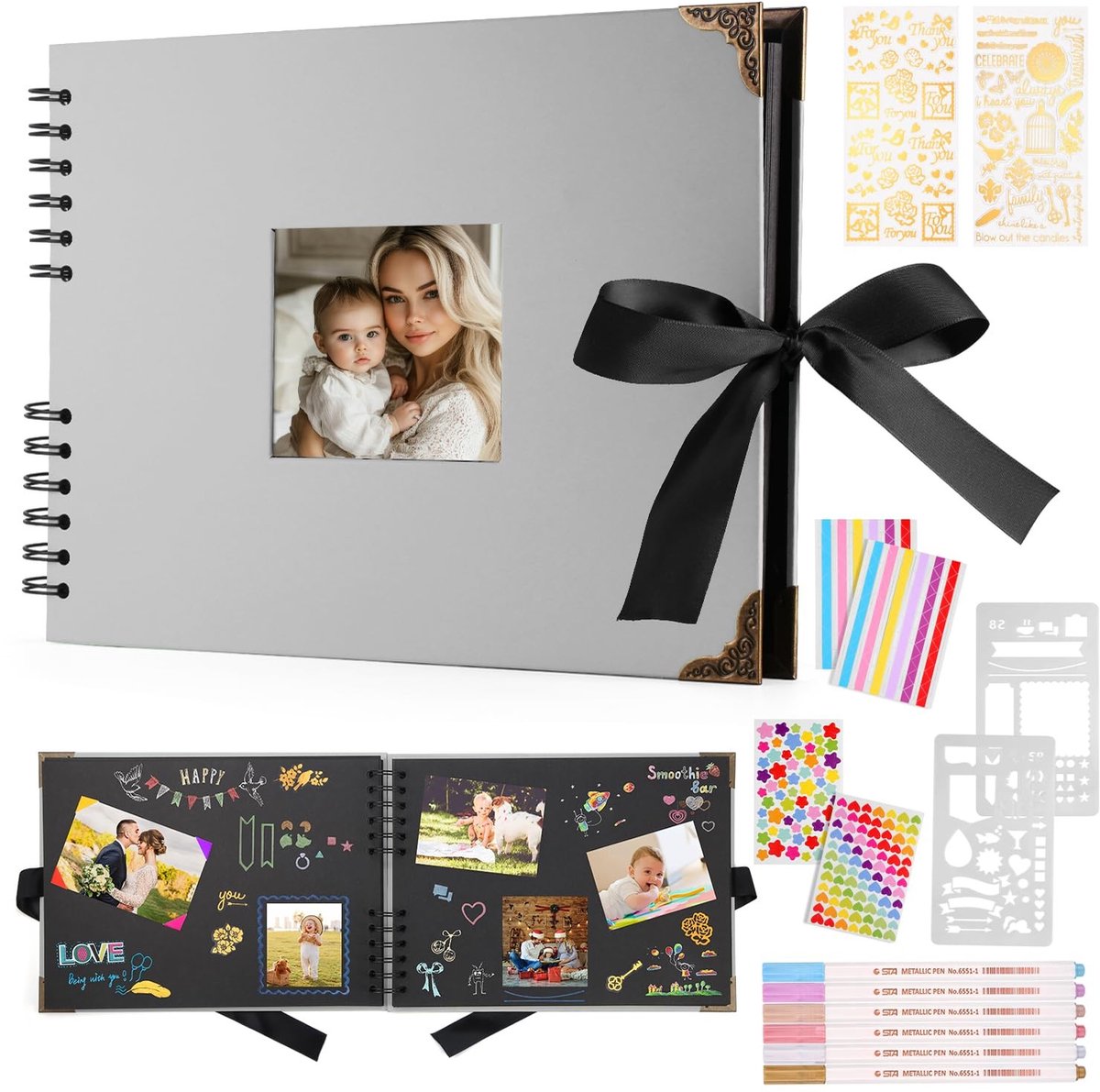 Omgoods - Fotoalbum met 80 Pagina's en 6 Metalen Pennen voor 160 Foto's