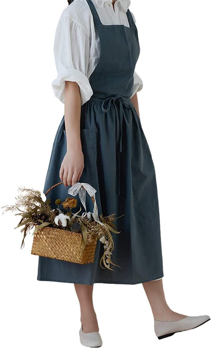 Omgoods - Waterproof Katoenen Pinafore Schort met Zakjes - Casual Bib Schort voor Koken en Tuinieren