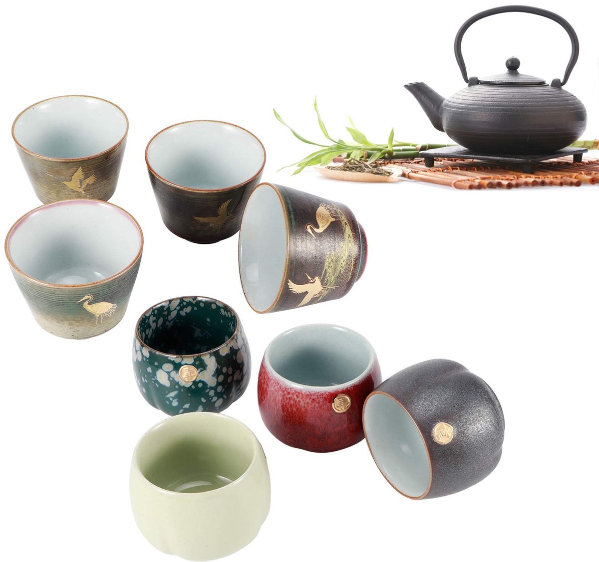 Omgoods- Theekopenset 4-delig - Keramisch - Japanse Stijl - Theekopjes met Schotel - Geschenkdoos - Uitstekend Vakmanschap