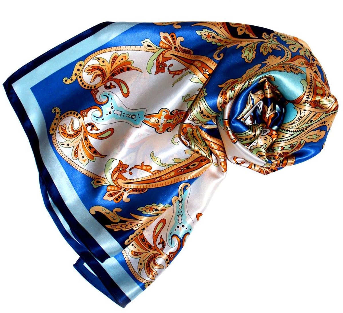 Omgoods - Luxe Zijden Sjaal in Blauw, Goud en Wit