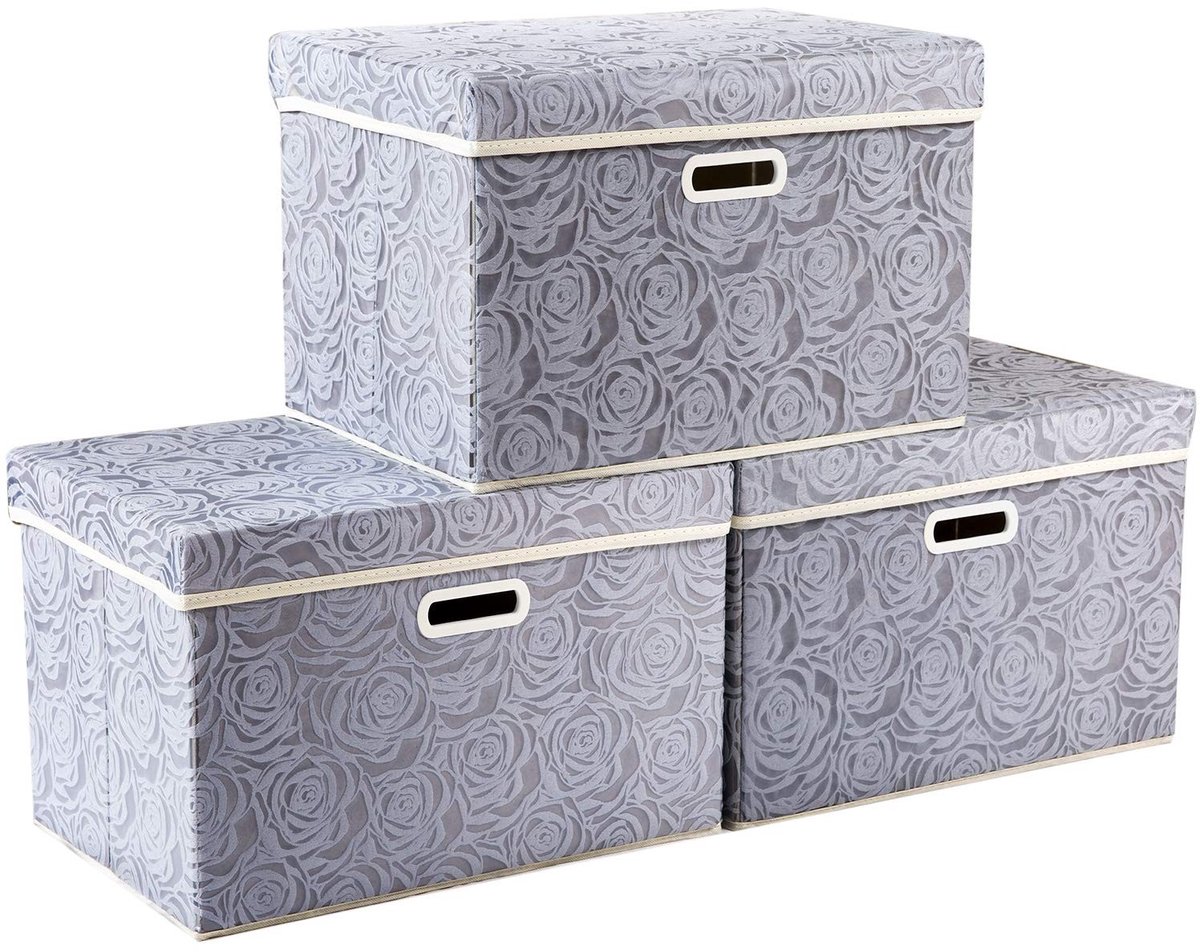 Omgoods - Set van 3 Grijze Opbergdozen met Deksel en Handvatten