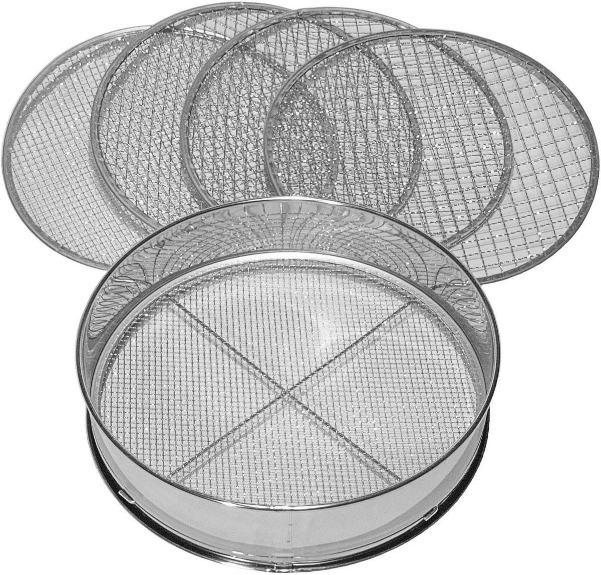 Omgoods- Tuinzeef 30 cm rond - 5 verwisselbare zeefinzetten Ø 3/5/8/10/12 mm - Roestwerend metaal - Voor grond/compost/onkruid - Efficiënt en veelzijdig - Grondzeef