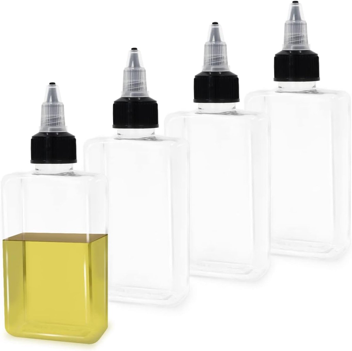 SnelShoppen - 4 Stuks Kleine Olie Dispenser Flesjes voor Kamperen, 100ml Levensmiddelen Fles met Lekvrije Draaidop, Ideaal voor Buitenactiviteiten, Ko