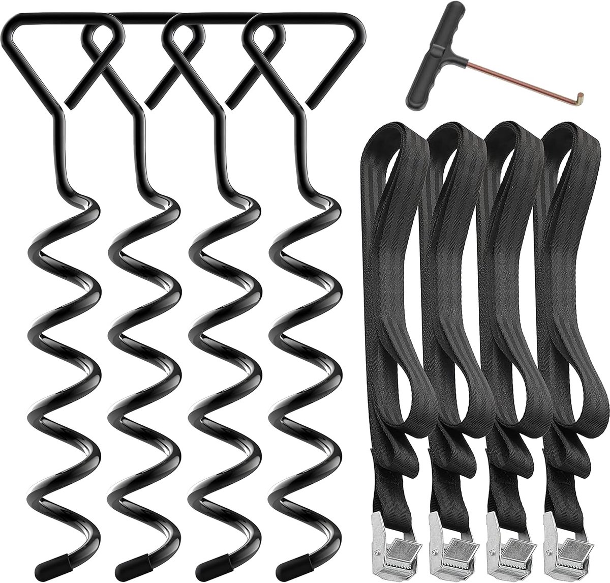 SnelShoppen - Set van 4 Grondankers voor Trampoline, Vloerbevestiging, Gegalvaniseerd en Roestvrij Staal, 4 Robuuste Straps voor Tuin, Camping, Schomm