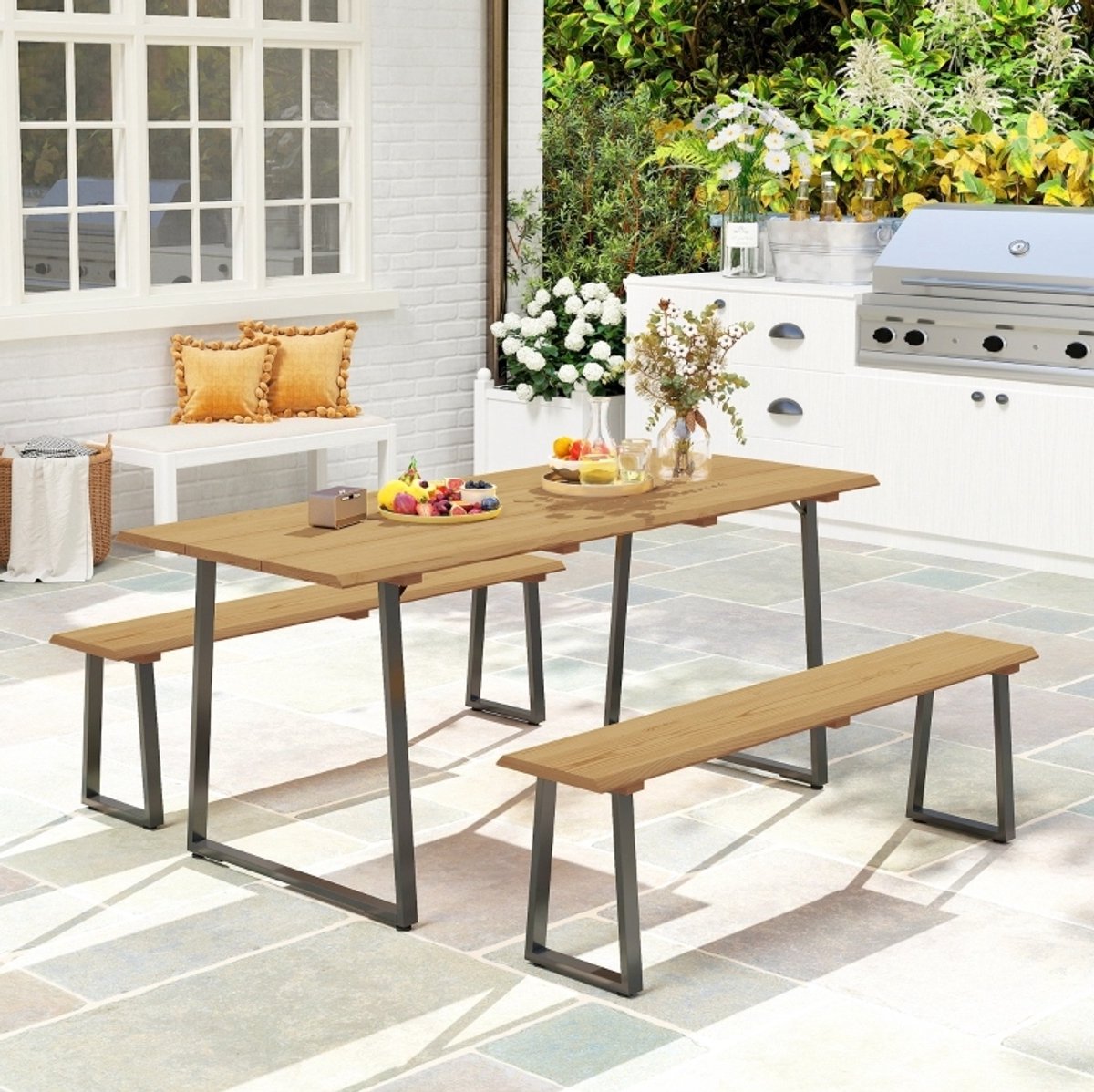 REDOM - Picknicktafelset - 3-delige tuinset voor 6 personen - 1 tafel en 2 banken - Parasolopening - Tuin - Hout en staal - Natuurlijk hout - 178 x 76 x 77 cm