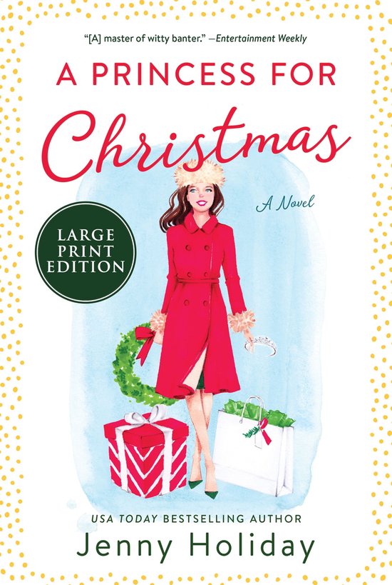 Boekhoes met een illustratie van een vrouw in een rode jas en bijpassende hoed, staand naast een kerstkrans, een cadeau en een tas. Tekst: A PRINCESS FOR CHRISTMAS.