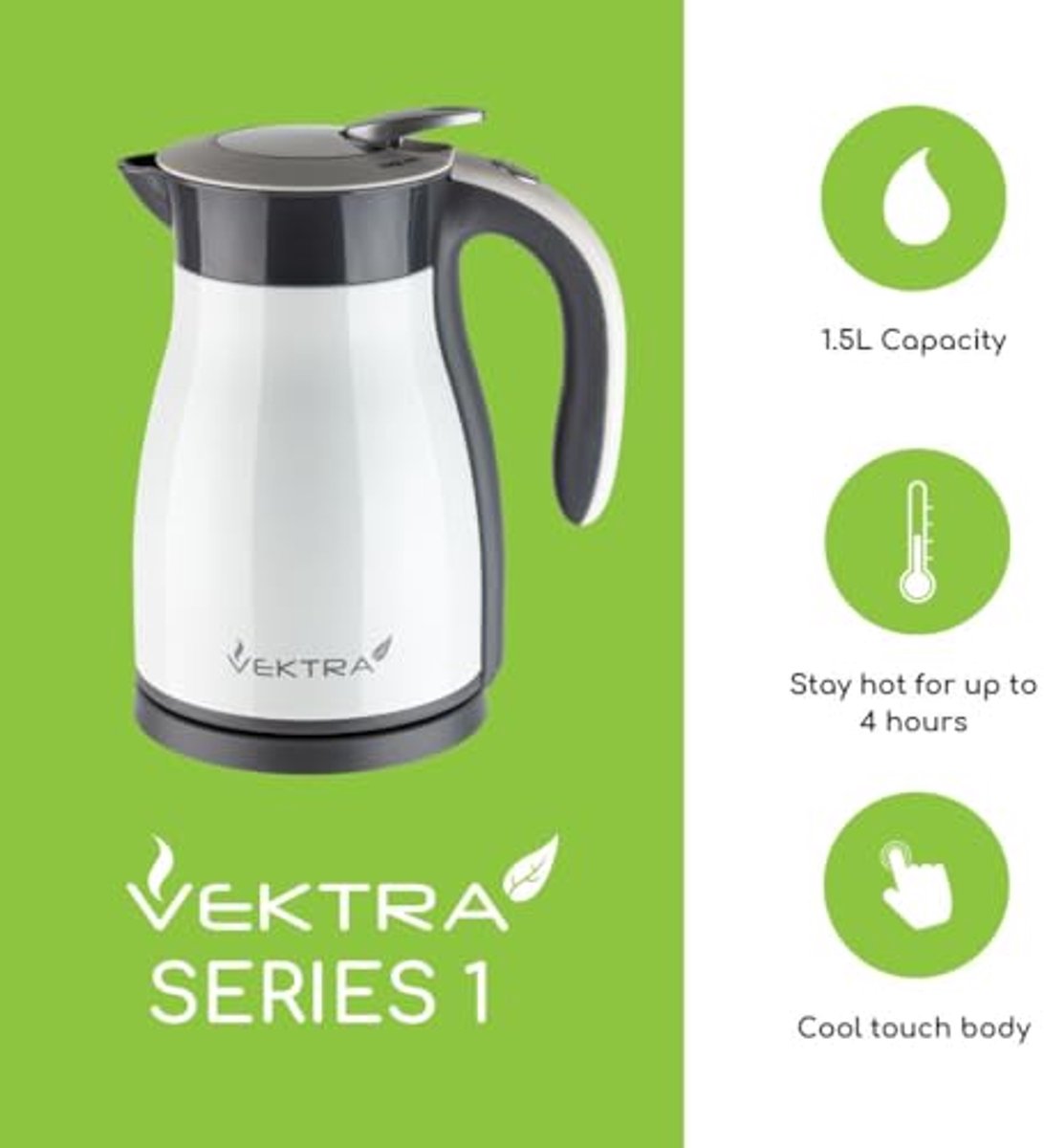 SnelShoppen - Vektra VEK-1501S Vacuüm-geïsoleerde Waterkoker 1,5L Roestvrij Staal Dubbelwandig Thermoskan 2-in-1 Warmhoudfunctie BPA-vrij Draadloze Ve