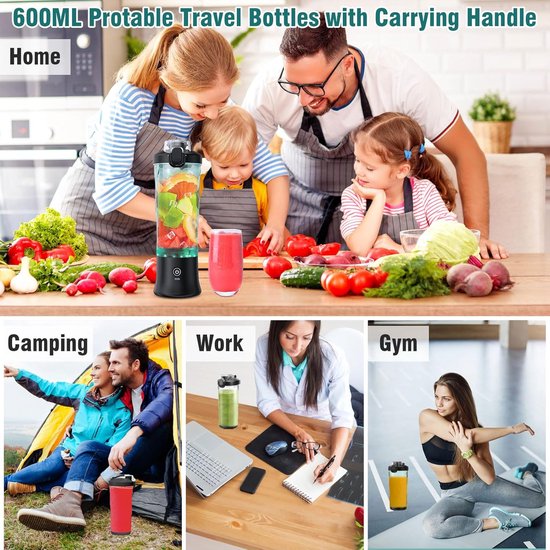 Draagbare mixer 600 ml smoothie maker to go, draagbare sapcentrifuge met 6 messen en USB-oplaadbaar, voor sportschool, kantoor en reizen (zwart) — afbeelding 3