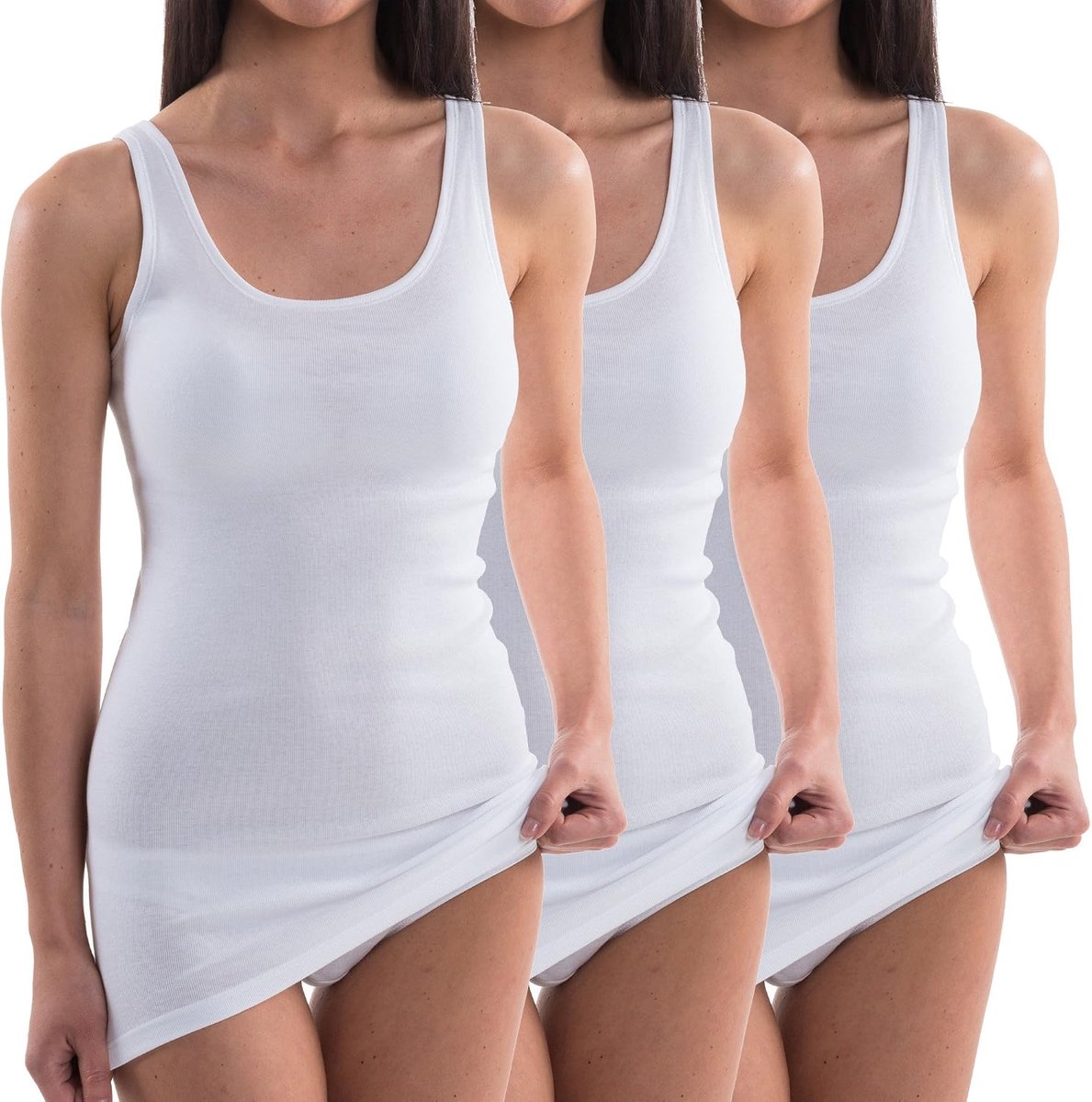 1317 Damesonderhemd, extra lang, 10 cm langer singlet van 100% biologisch katoen, set met 3 stuks