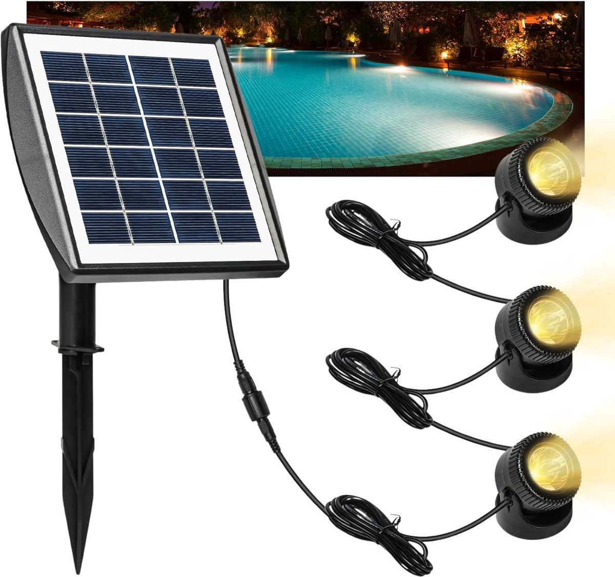 Vijverlampen op zonne-energie, 6 V/2 W, polykristallijn zonnepaneel, spot, zwembad, buitenverlichting, zonne-energie, met 1 W, 3 lampen, zonnelamp, IP68, waterdicht, voor tuinvijver