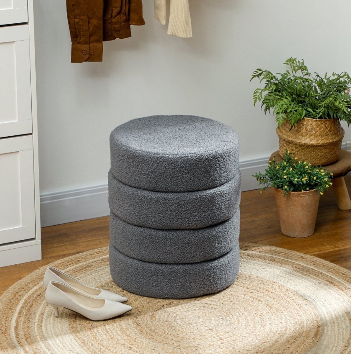 COVREO Hocker rond 40 x 45 cm, donkergrijs pluche stof, zithocker tot 120 kg