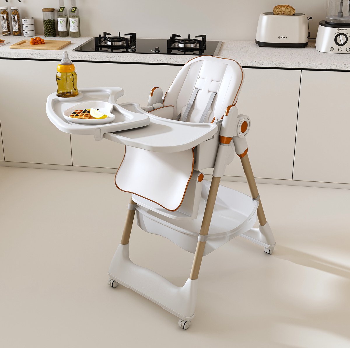 MODENUIT Kinderstoel 53 x 76 x 95 cm - Verstelbaar En Opvouwbaar - Met Tafeltje En Wielen - Voor Kinderen - Wit