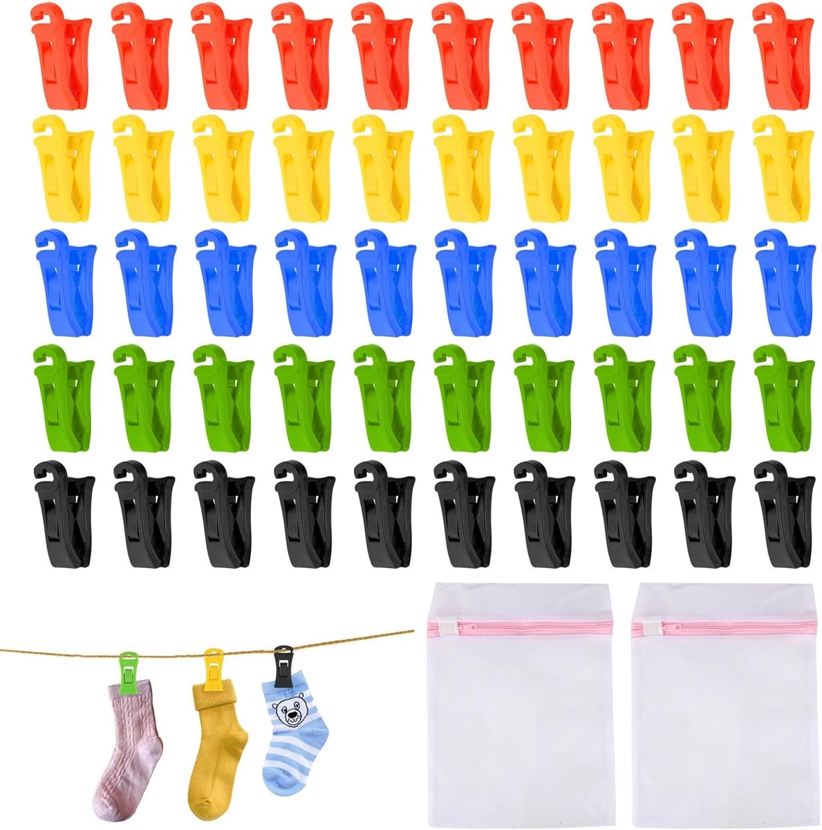 SnelShoppen - 50 Stuks Wasmachine Droger Sokclips met Haken, Kleurrijke Sokhouder, Duurzaam en Herbruikbaar, Perfect voor Het Sorteren van Sokken
