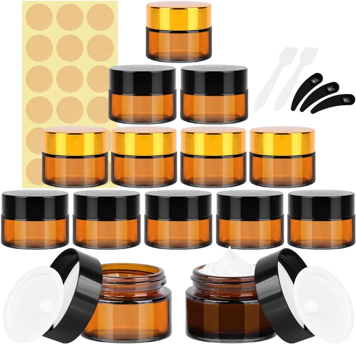 SnelShoppen - 12-delige Set Amber Glazen Jars 15ml & 20ml Lege Cosmetische Potjes met Deksel - Kleine Monster Potjes voor Poeder, Gezichtscrèmes, Kaar