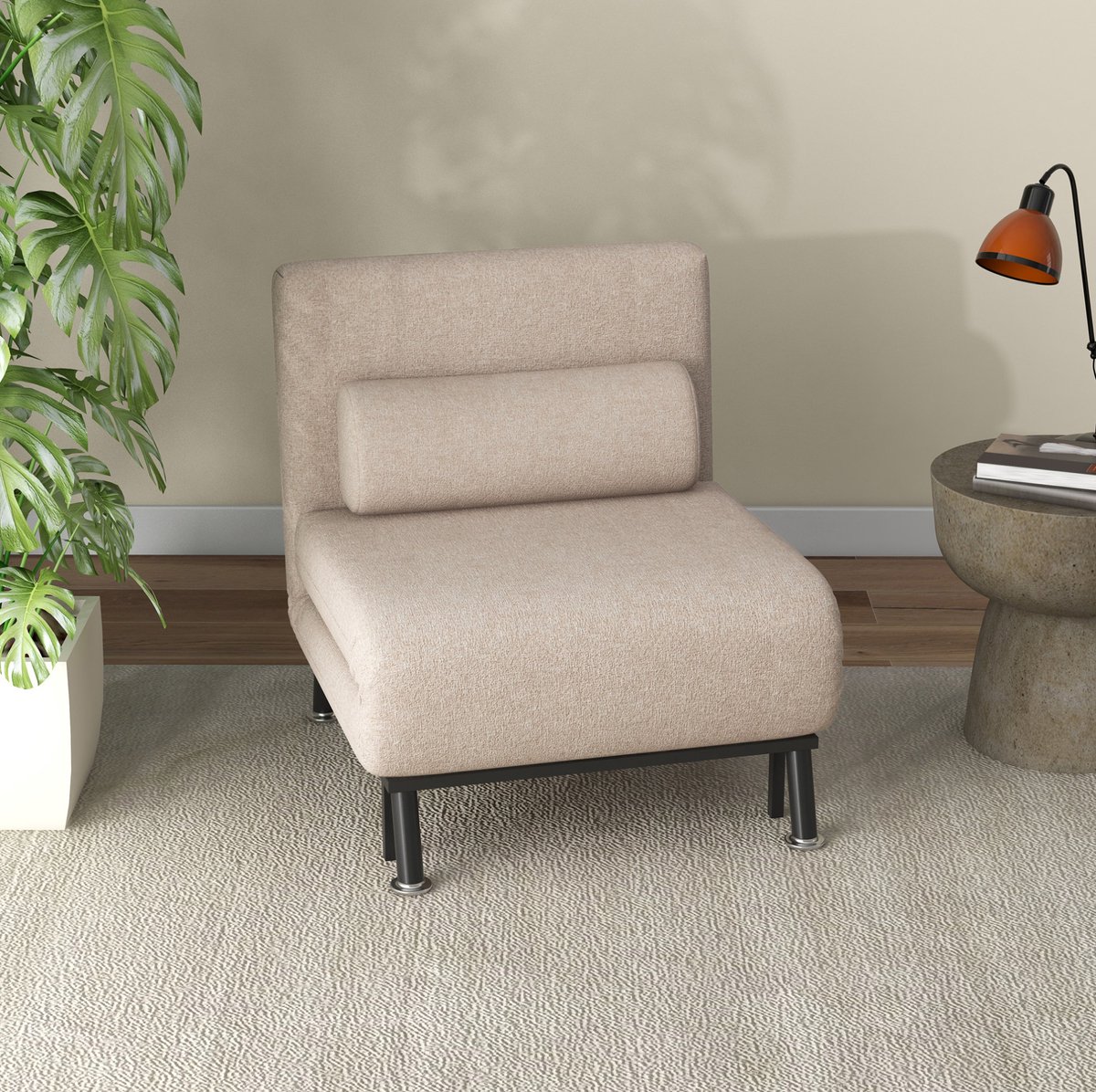 COVREO Fauteuil 75x70x75 cm beige, stof en metaal met slaapfunctie