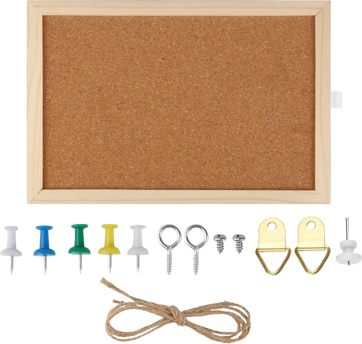 SnelShoppen - Kurken Prikbord met Houten Frame - Natuurlijke Kurken Oppervlak, Stevige Duwpen, Jute Touw Haken, Milieuvriendelijk, Inclusief Schroeven