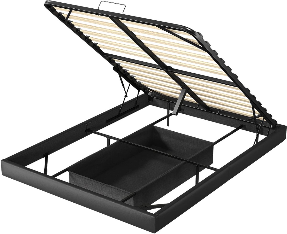 Happiq Opslagbed Bedframe Zwart - Afmetingen: 160 x 200 Cm - Hydraulisch Opklapbaar Bed met Opbergruimte - voor Slaapkamer Black