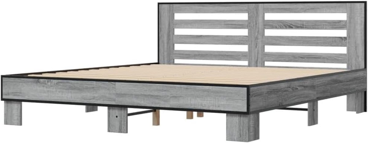 Bedframe Hout Metaal - Bedombouw Tweepersoons - Comfortabel Slapen - Stevig Hoofdbord - 200x200 cm - Grijs Sonoma