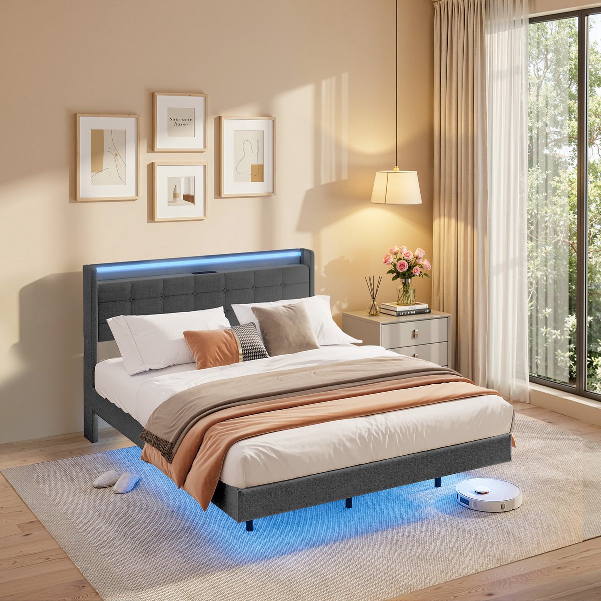 Xbro Gestoffeerd Bed 140 x 200 cm met LED-verlichting en USB,Tweepersoonsbed met Lattenbodem,Hoofdbord en Opberghoofdbord,Donkelgrau