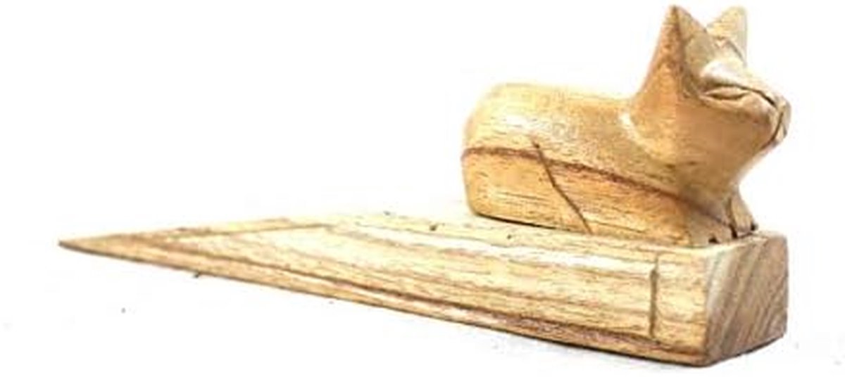 Deurstopper Kat - Houten Kat Stopper - Deur Open Houden - Handgesneden Hout - 17 cm - Beige