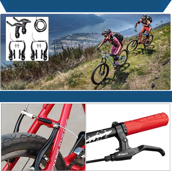 Een collage met fietsers op heuvelachtige paden en een set zwarte fietsremmen. De remmen zijn gedetailleerd afgebeeld, inclusief remblokken en hendels.