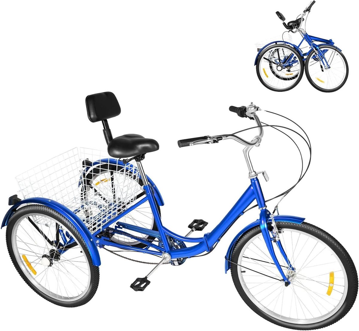 Volwassen Driewieler - Driewieler met mand - Comfortabel Fietsen - Opvouwbaar Aluminium Frame - 24 Inch - Blauw