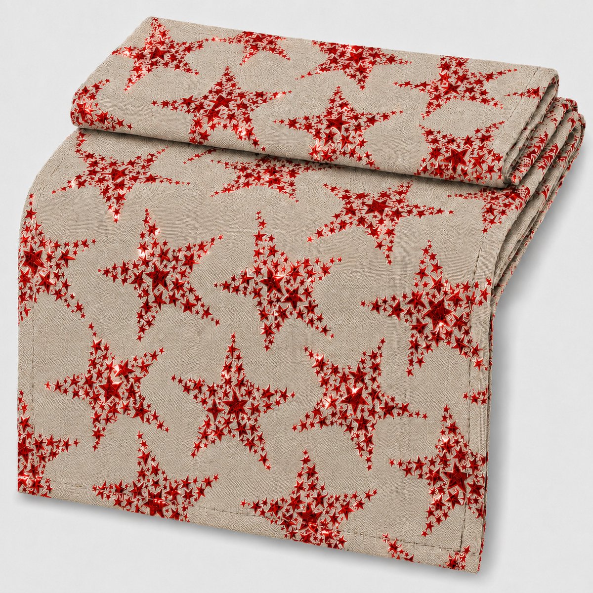 Kerst Tafelloper Stars – 42 x 150 cm – Naturel - Rood – Geweven Tafelloper met Metallic Sterrenprint – Kerstdecoratie voor Eettafel