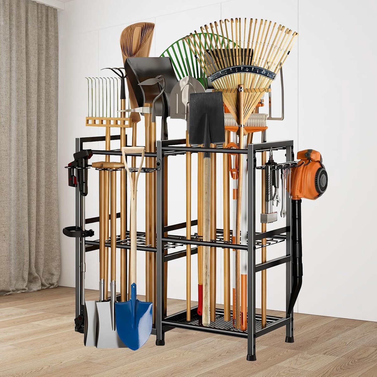 SnelShoppen - Mobiele Tuin Gereedschap Opberg Rack, 3 Laags Metaal Planken voor Garage, Commerciële Mop Rack, Voor Gereedschap, Scheppen, Harken, Beze