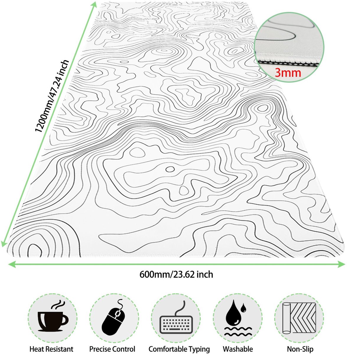 SnelShoppen - Gaming Muismat XXL 1200 x 600 mm Wit, Extra Groot, Antislip, Voor Gamer, Bureau, Computer, Ergonomisch, Ideaal voor Thuis en Kantoor