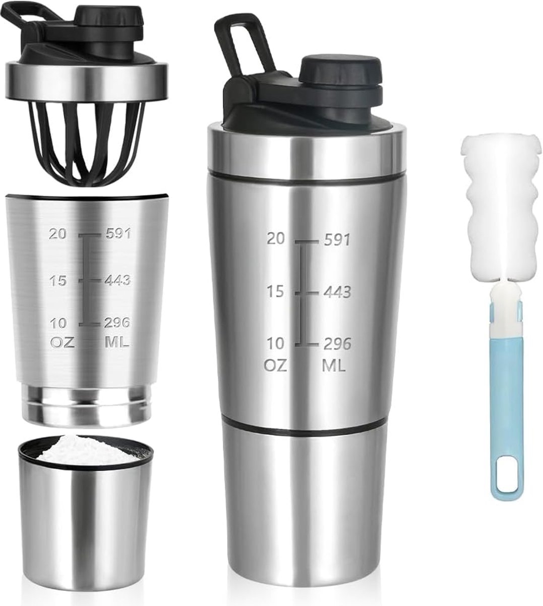 SnelShoppen - RVS Protein Shaker 600 + 200 ml met Afsluitcompartiment - BPA-vrij Fitness Shaker voor Gym, Training, Sport, Gezondheidsbewustzijn
