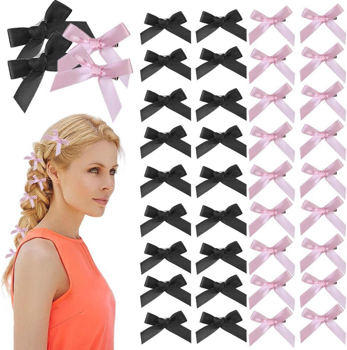 SnelShoppen - 40 Stuks Haarspelden met Lange Satijnen Strikjes, Mini Haarclips, Metalen Haaraccessoires, Grosgrain Linten, Knutsel Haarclips voor Fees