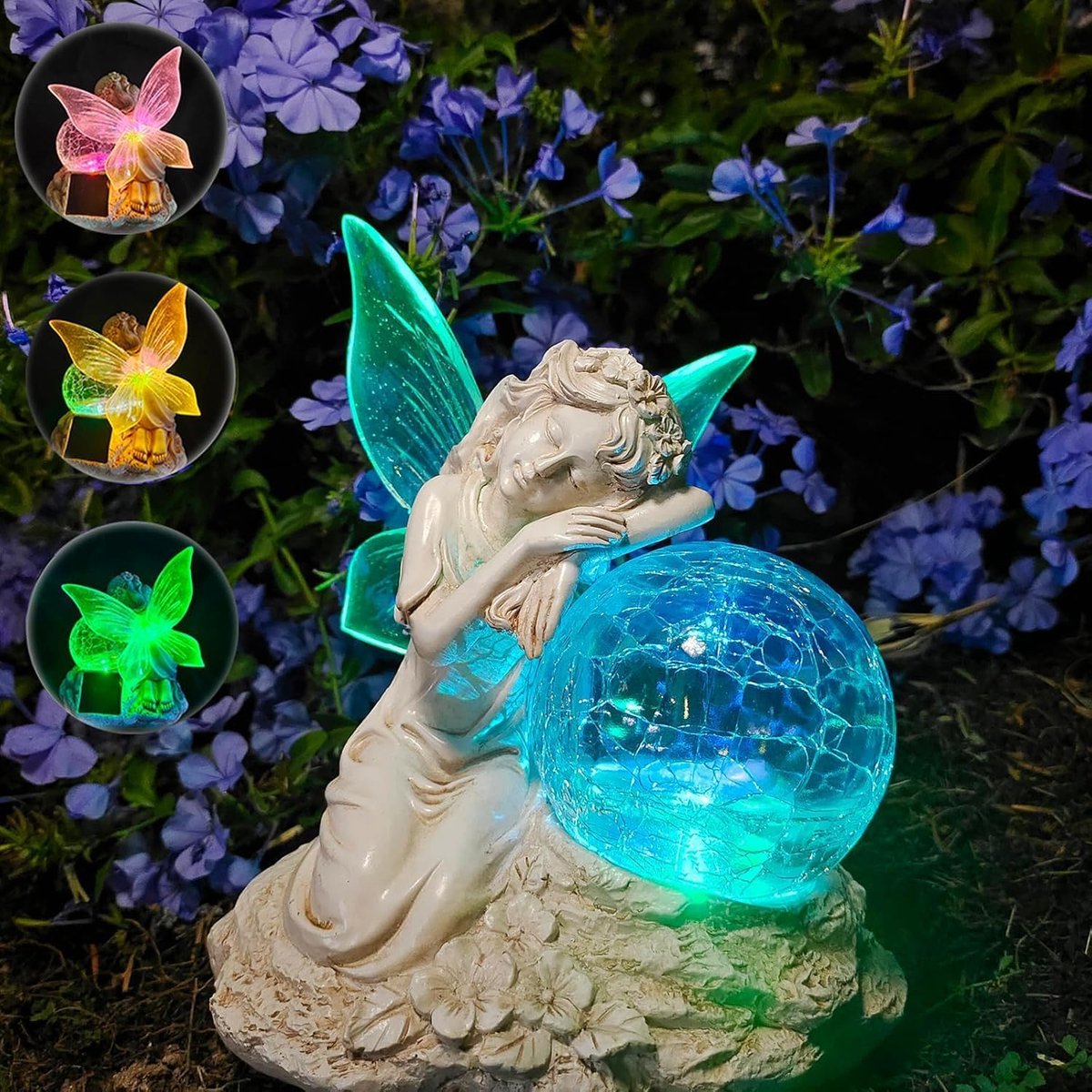 Tuindecoratie engel met solar verlichting - unieke elf met glazen bol - sfeervolle buitenverlichting - ShopVlot