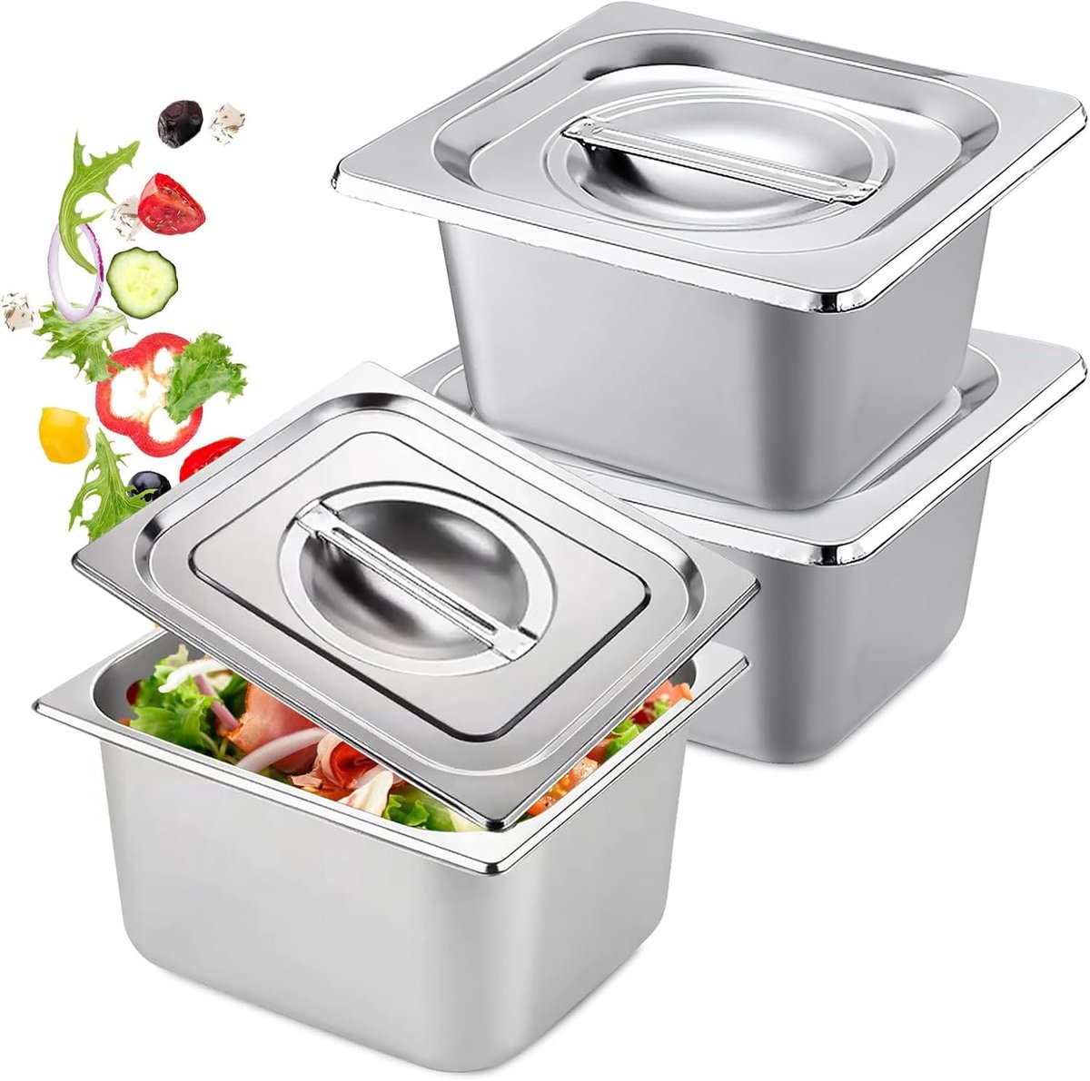 SnelShoppen - Breading Set van 3 Hotelpannen, 1/6 Maat 10 cm Diep, RVS Met Deksel, Catering Pannen, Ideaal Voor Opslag en Serveren