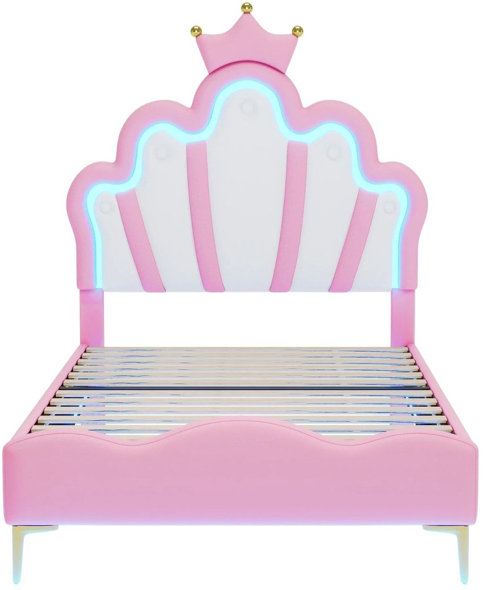 Happiq Prinsessenbed 90 X 200 Cm - met Lattenbodem, Kroonhoofdeinde - voor Kinderkamer Roze