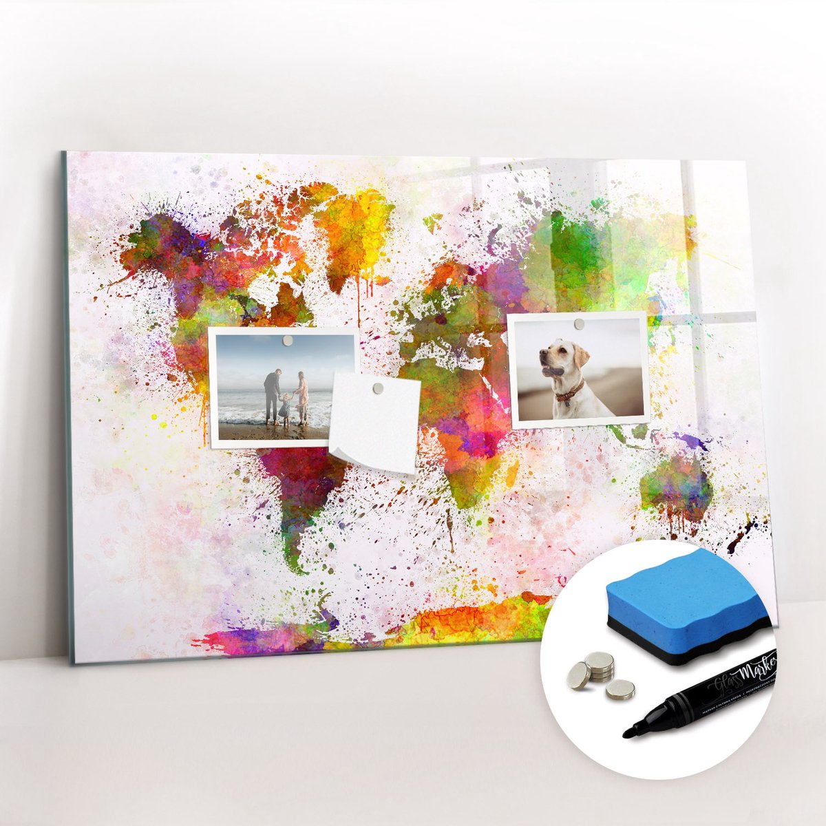 Tulup Whitebord - Artistieke aquarelkaart van de wereld - 60 x 40 cm - Veelkleurig Memo Bord - Gratis 5 Sterke Magneten + Whiteboard Marker & Wisser - Scandinavisch Design Bord - Memo Bord - Planning Muur