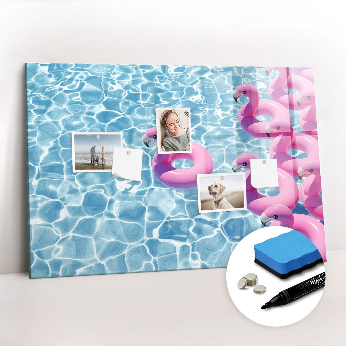 Tulup Whitebord - Paardenbloemflamingo's - 90 x 60 cm - Roze Memobord Glas - Gratis 5 Sterke Magneten + Whiteboard Marker & Wisser - Interieur Accessoires Kantoor - Memo Magneetbord - Inspiratiebord Kantoor