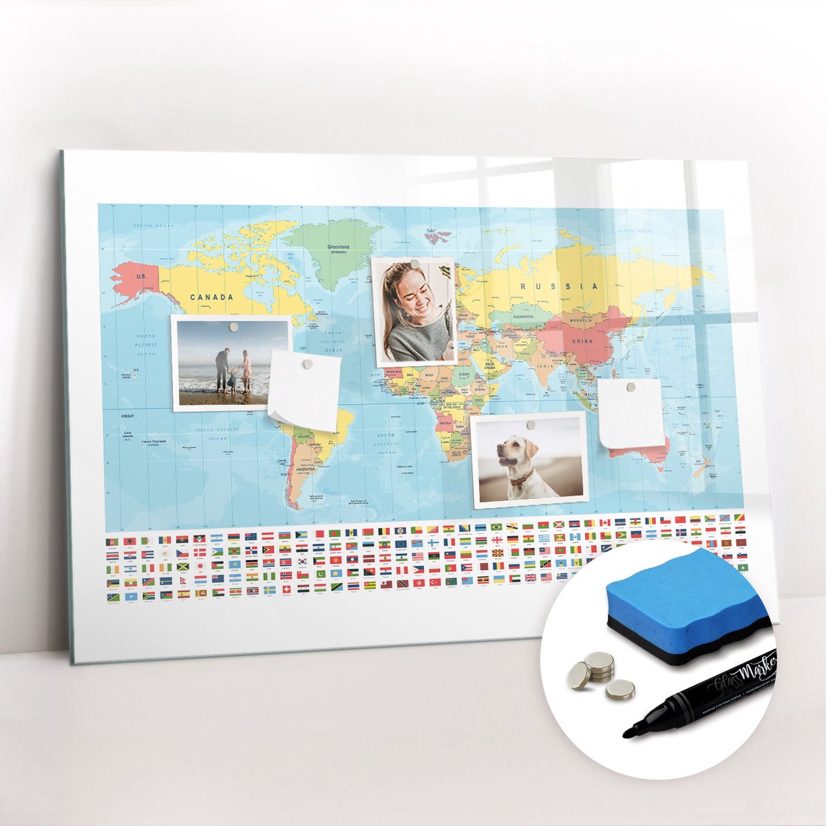 Tulup Whitebord - Wereldgeografie voor school - 90 x 60 cm - Veelkleurig Magneetbord Keuken - Gratis 5 Sterke Magneten + Whiteboard Marker & Wisser - Design Memobord - Magnetisch Memobord - Ideeënbord Thuiswerkplek