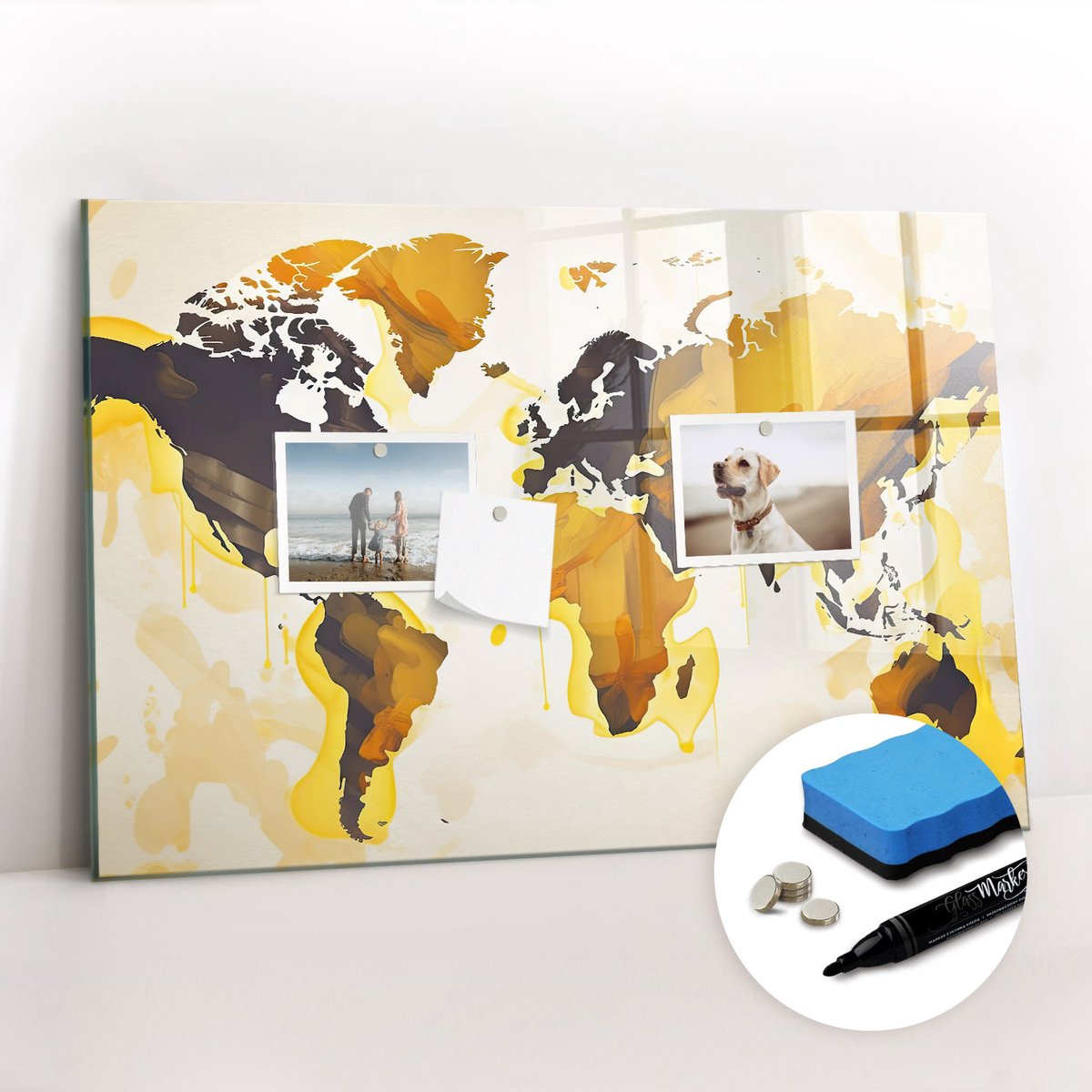 Tulup Whitebord - Abstracte wereldkaart - 60 x 40 cm - Geel Memo Bord - Gratis 5 Sterke Magneten + Whiteboard Marker & Wisser - Industrieel Wandbord - Magneetbord Keuken - Inspiratiebord Kantoor