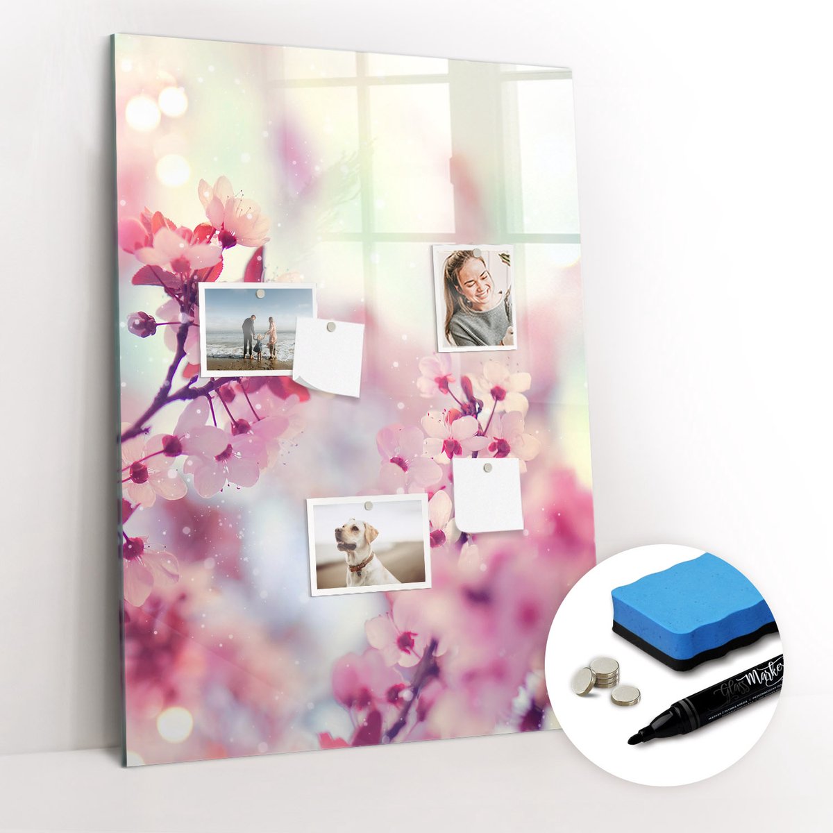 Tulup Whitebord - Lentebloemen - 70 x 100 cm - Roze Memobord Glas - Gratis 5 Sterke Magneten + Whiteboard Marker & Wisser - Stylish Memo Board - Magnetisch Bord - Planning Muur