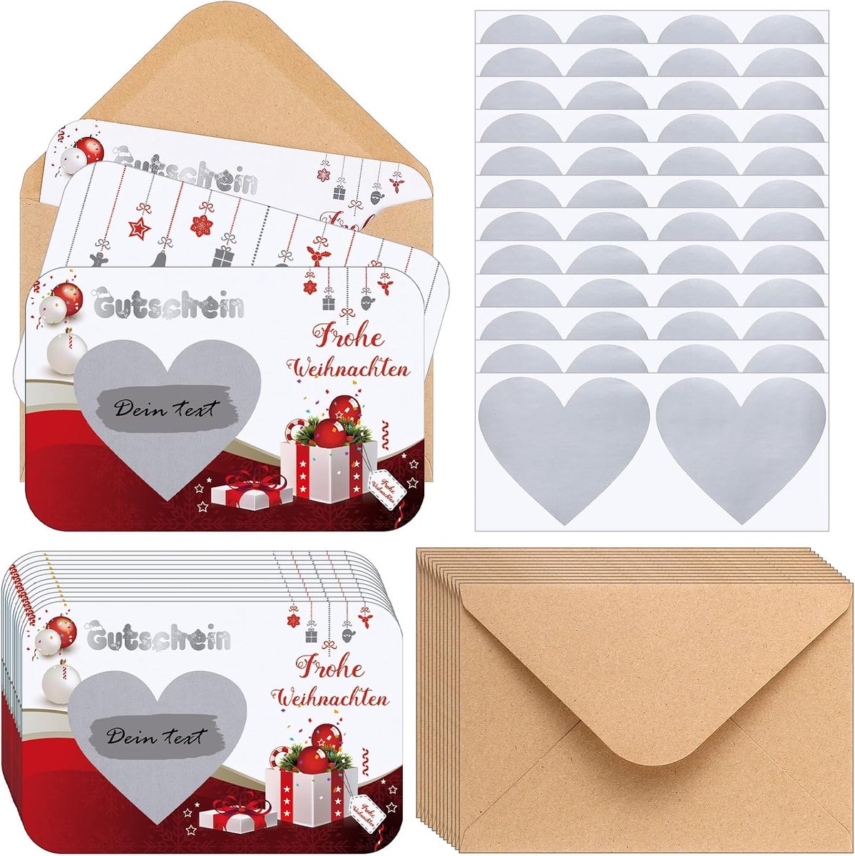 SnelShoppen - 12 Kerst Krassen en Win Coupons, 12 Kraft Papieren Enveloppen, 12 Hartvormige Krassen en Win Stickers, Feestelijke Cadeaus voor Kerst en