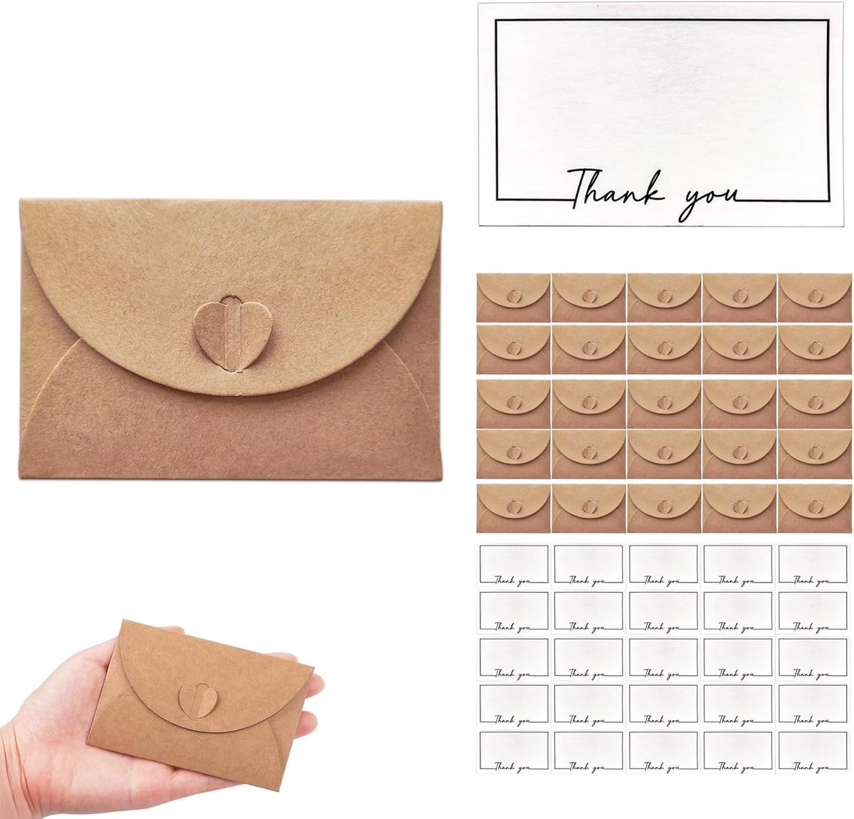 Kraft papier enveloppen met kaarten - 25 mini enveloppen met hartsluiting - Perfect voor kerst en bedankjes - SnelShoppen