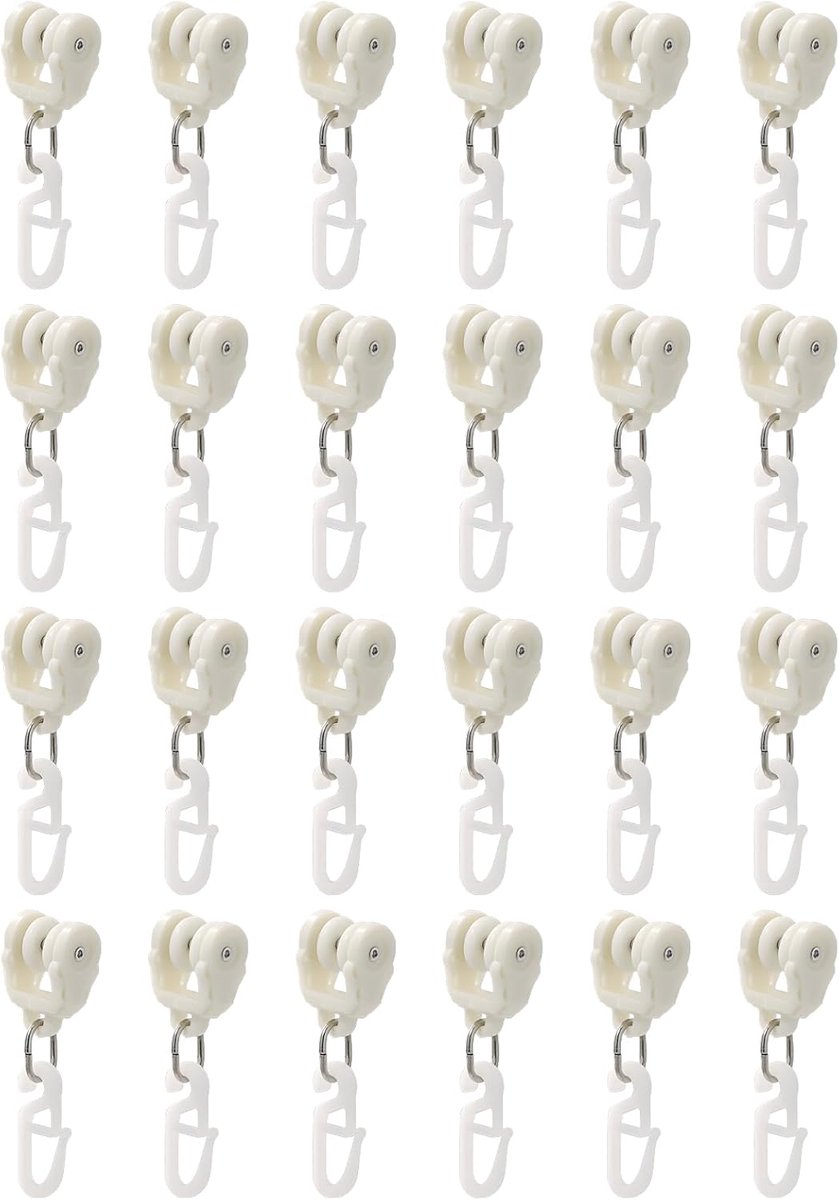 SnelShoppen - Pack van 48 gordijhaakjes met wieltjes - kunststof schuifrails, wit - ideaal voor gordijnen, raamdecoratie, eenvoudig te bevestigen, vei